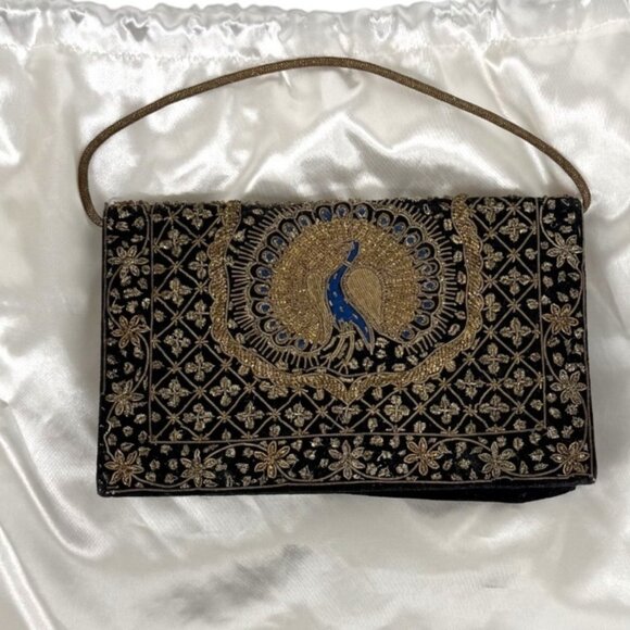 Vintage Black Velvet Peacock Gold Embroidered Beaded Floral Evening Bag Clutch